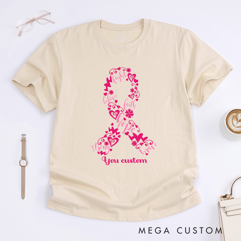 Personalized Floral Pink Ribbon Breast Cancer Awareness Elegant and Supportive T-shirt
