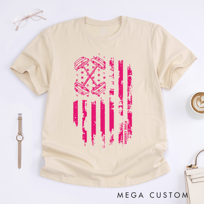 Personalized Pink Ribbon American Flag Design Supporting Breast Cancer Awareness T-shirt