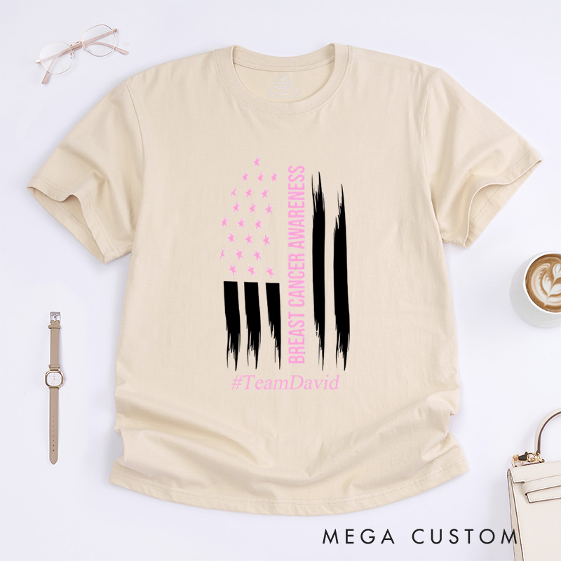 Personalized Breast Cancer Awareness American Flag Pink Ribbon Support Advocacy T-Shirt  