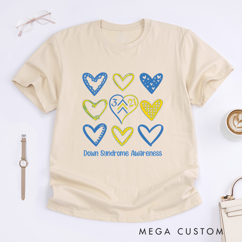 Personalized Down Syndrome Awareness Heart Pattern Support Inclusion Advocacy T-shirt
