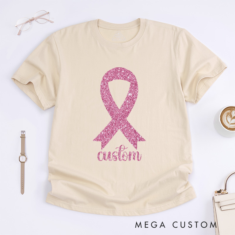 Personalized Pink Glitter Ribbon Breast Cancer T-Shirts Cancer Survivor Gift
