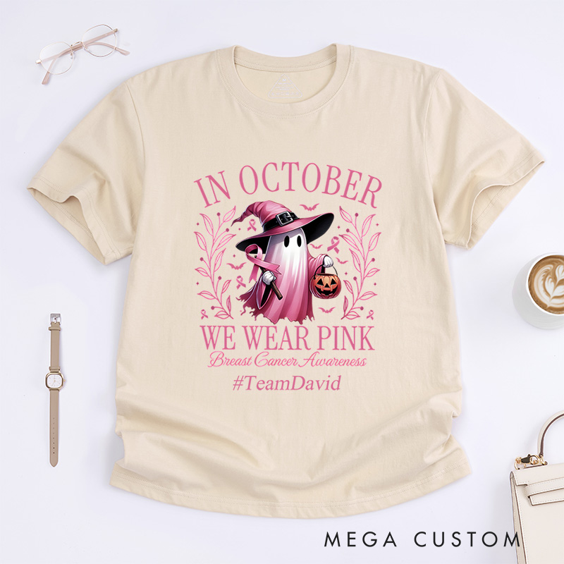 Personalized In October We Wear Pink Breast Cancer Awareness Halloween Support T-Shirt  
