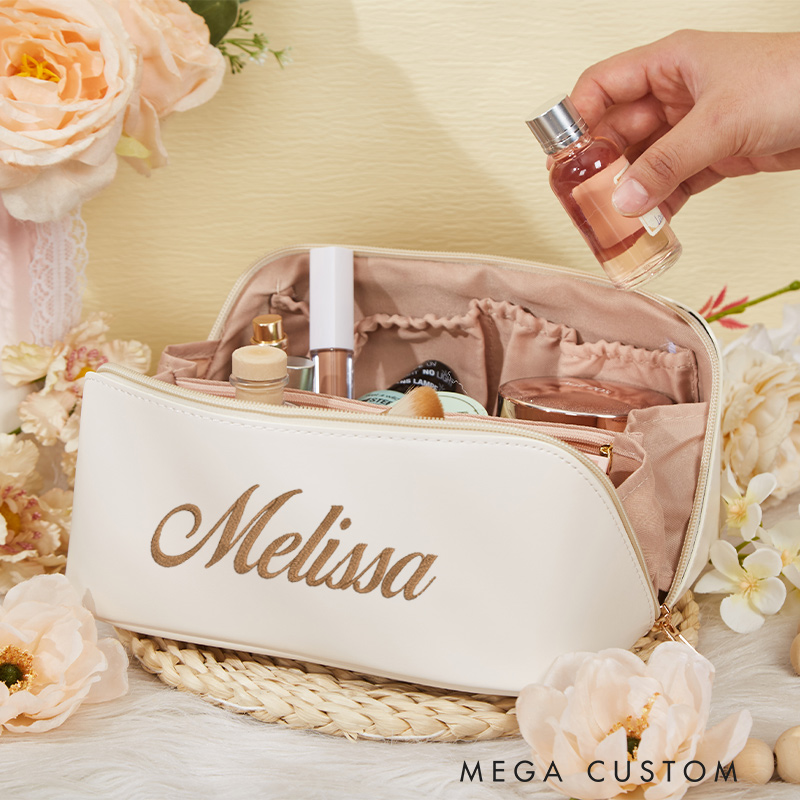 Personalized Embroidered Name Makeup Bag Leather Embroidered Cosmetic Bag Travel Gift For Her