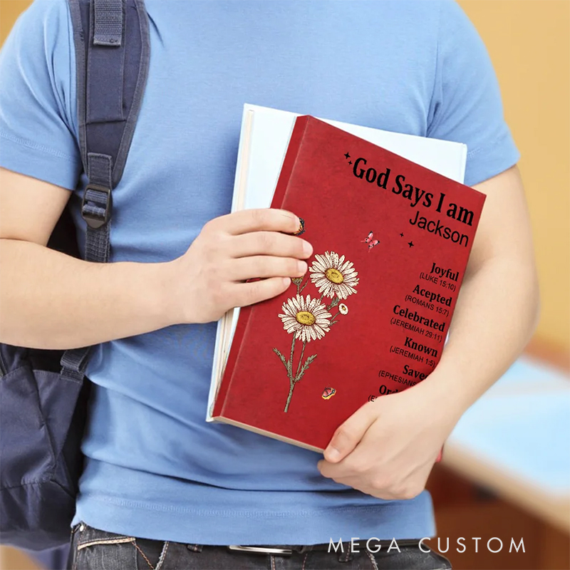 Personalized God Says I am Name Meaning on Bible Verse Leather Prayer Journal Notebook with Name Baptism Gift Thanksgiving Gift for Family Christians