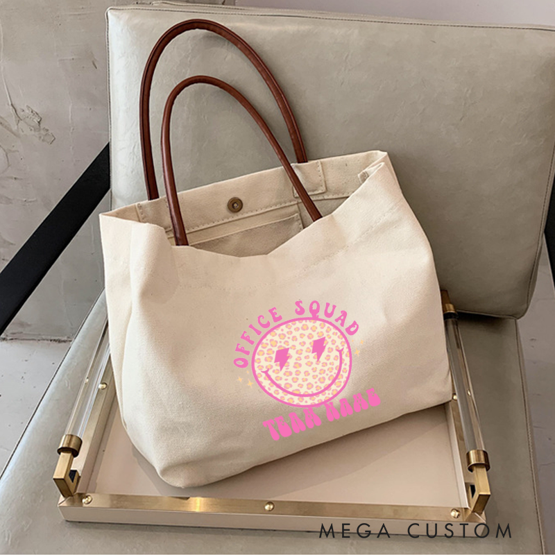 Personalized Office Squad Canvas Tote Bag Smiley Face Design Appreciation Gift for Coworker or Employee