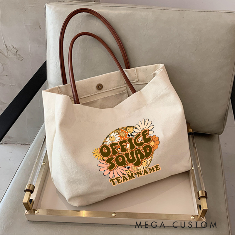 Personalized Office Squad Canvas Tote Bag Retro Floral Design Appreciation Gift for Coworker or Employee