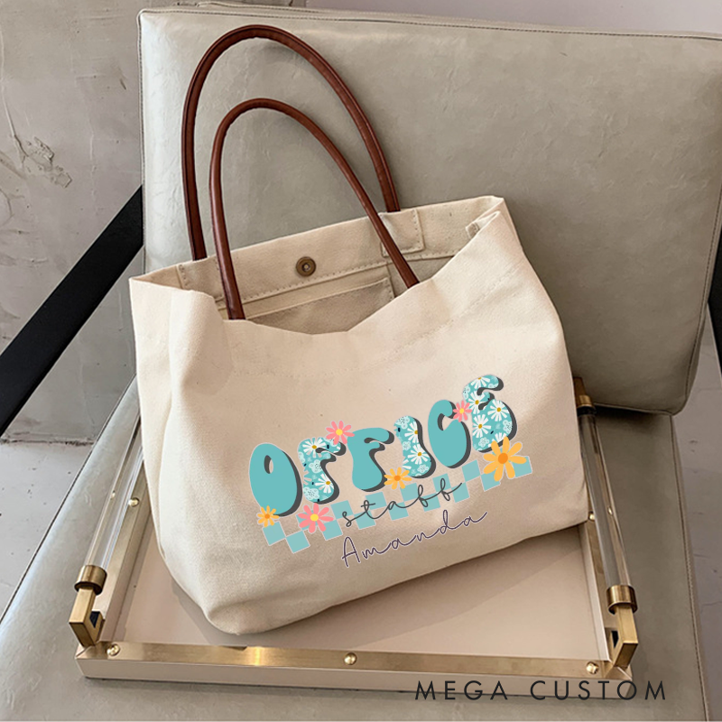 Personalized Office Squad Canvas Tote Bag Floral Retro Design Gift for Coworker or Employee