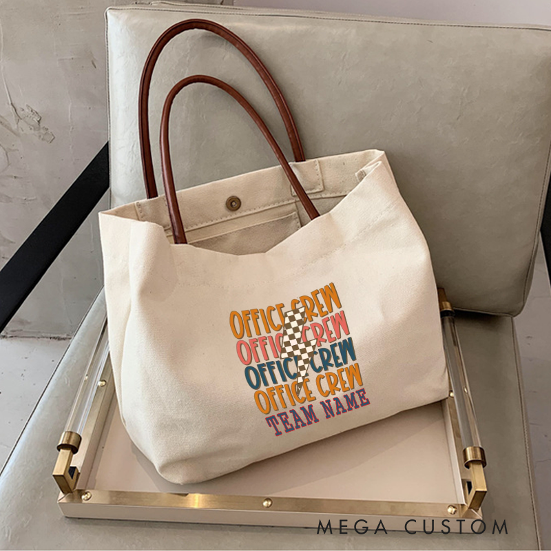 Personalized Office Crew Canvas Tote Bag Retro Multicolor Text Design Gift for Coworker or Employee