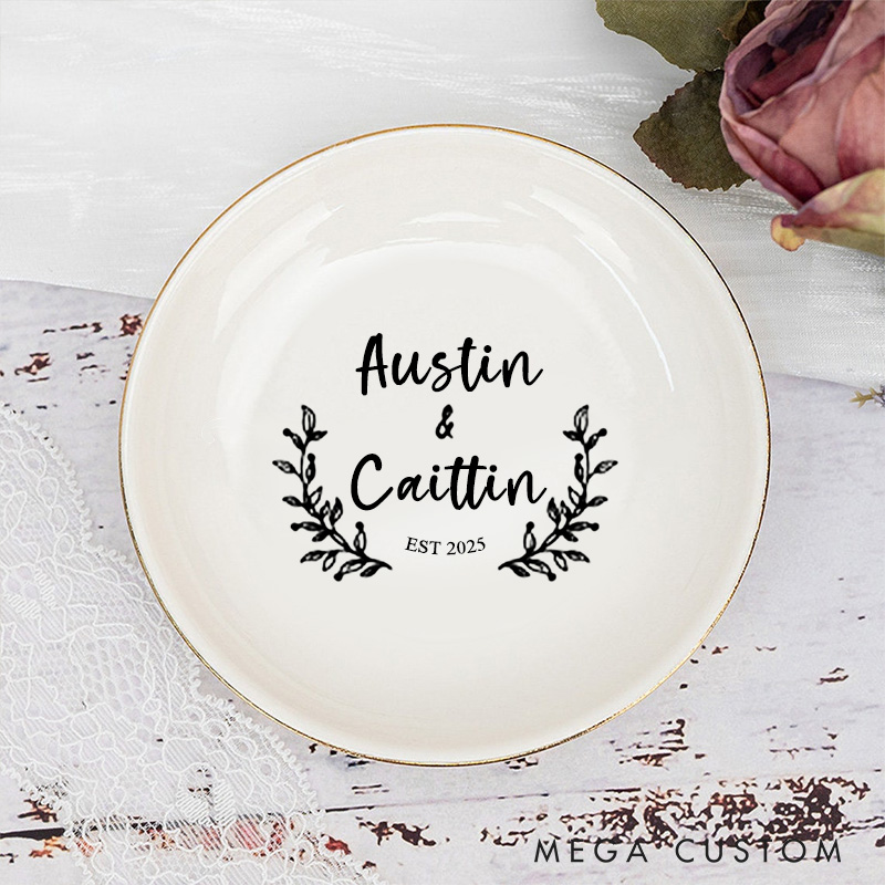 Personalized Rustic Laurel Wreath Wedding Monogram with Names and Date Wedding Engagement Gold-Trimmed Ring Dishes