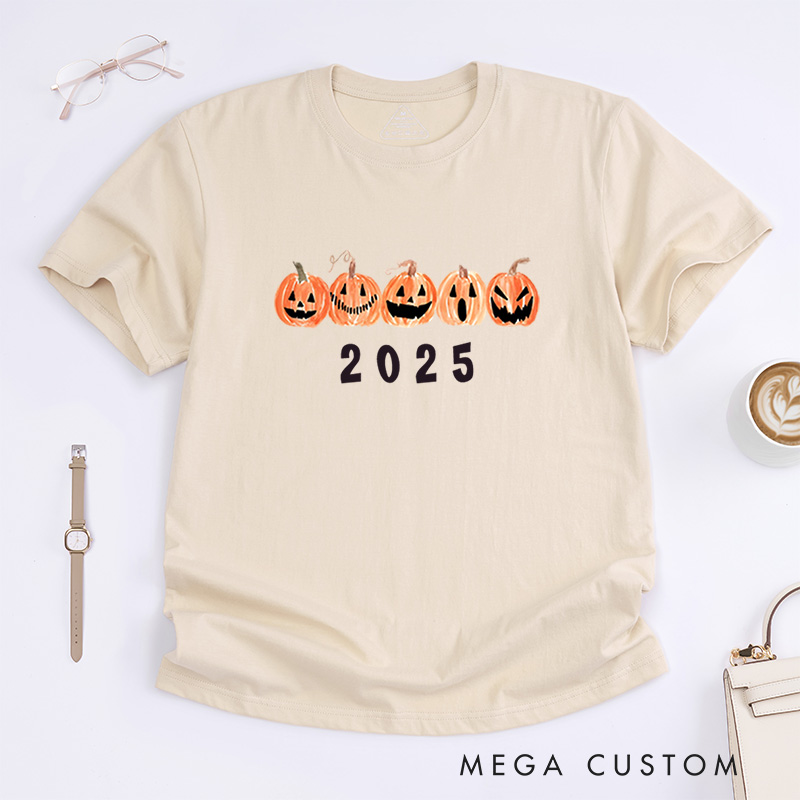 Personalized Row of Jack-O-Lantern Pumpkins Halloween T-Shirt Perfect for Seasonal Festivities T-Shirt