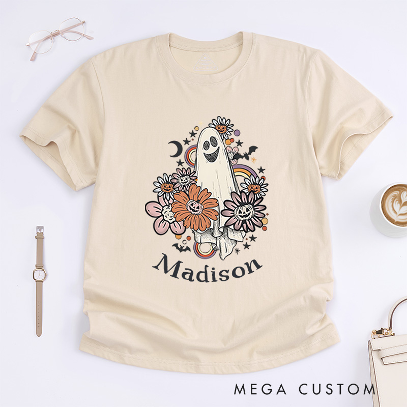 Personalized Floral Ghost Halloween T-Shirt Perfect for Adding Whimsy and Charm to Festive Outfits T-Shirt