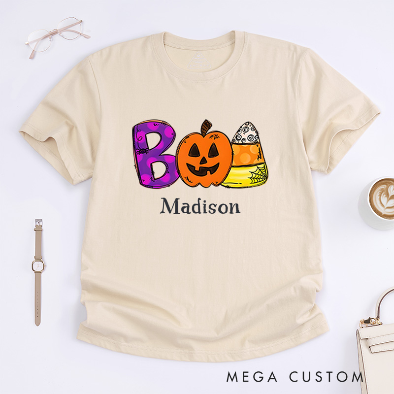 Personalized Boo and Candy Halloween T-Shirt Perfect for Fun and Playful Seasonal Vibes T-Shirt