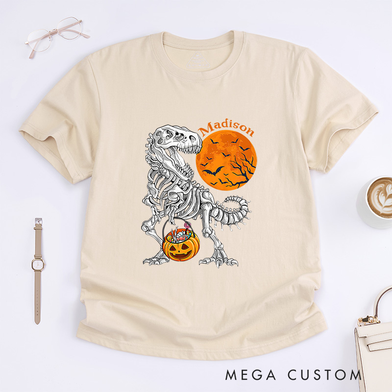 Personalized Dinosaur Skeleton Halloween T-Shirt Perfect for Adding a Unique and Spooky Twist T-Shirt