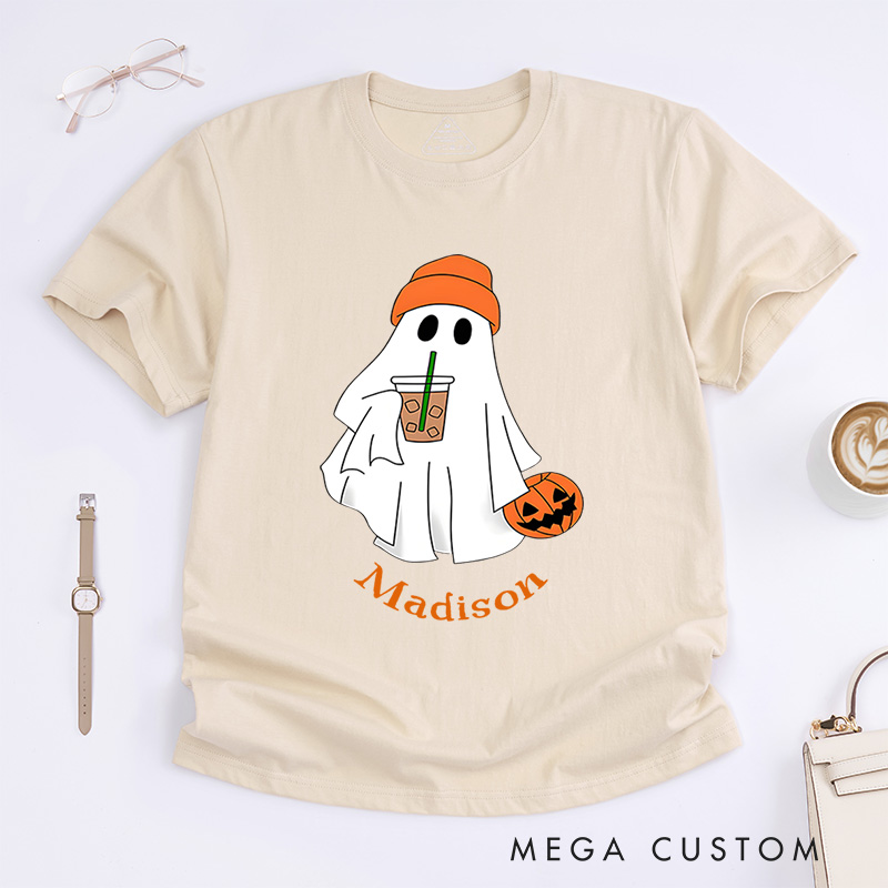 Personalized Ghost with Drink Halloween T-Shirt Perfect for Adding Humor and Charm to Festive Outfits T-Shirt