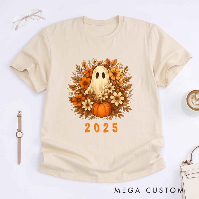 Personalized Ghost with Floral Wreath Halloween T-Shirt Perfect for Adding Elegance to Festive Outfits T-Shirt