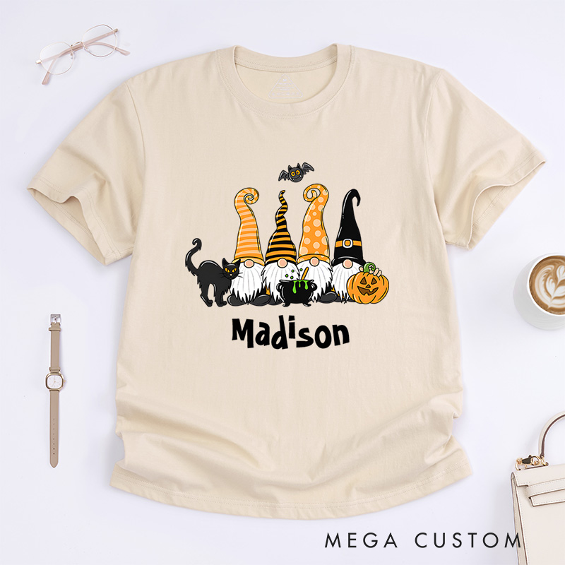 Personalized Halloween Gnomes and Pumpkins T-Shirt Perfect for Fun and Festive Seasonal Celebrations T-Shirt