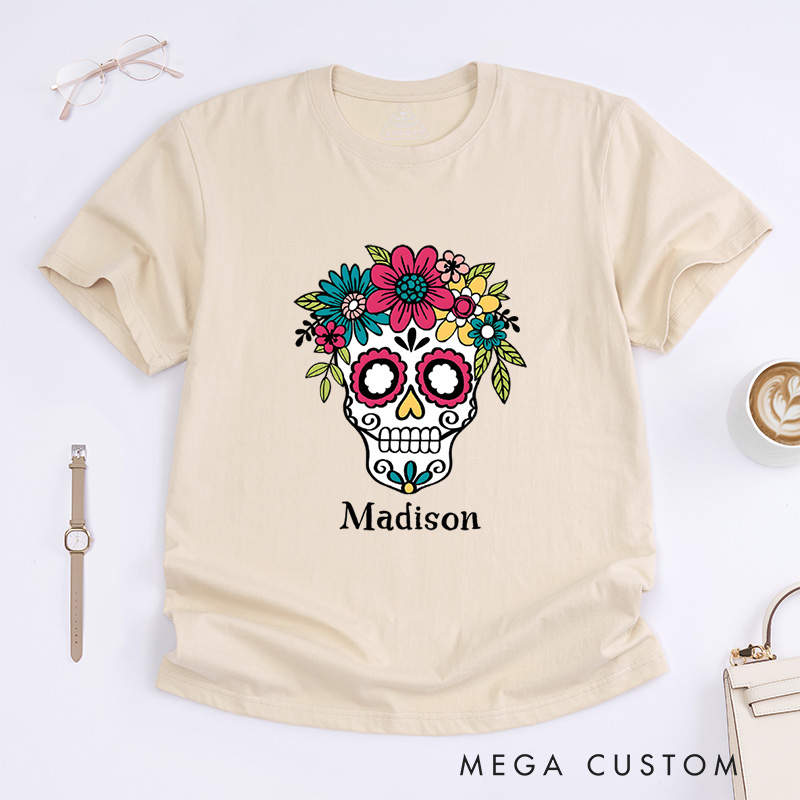 Personalized Sugar Skull Halloween T-Shirt Perfect for Adding a Vibrant and Artistic Touch T-Shirt