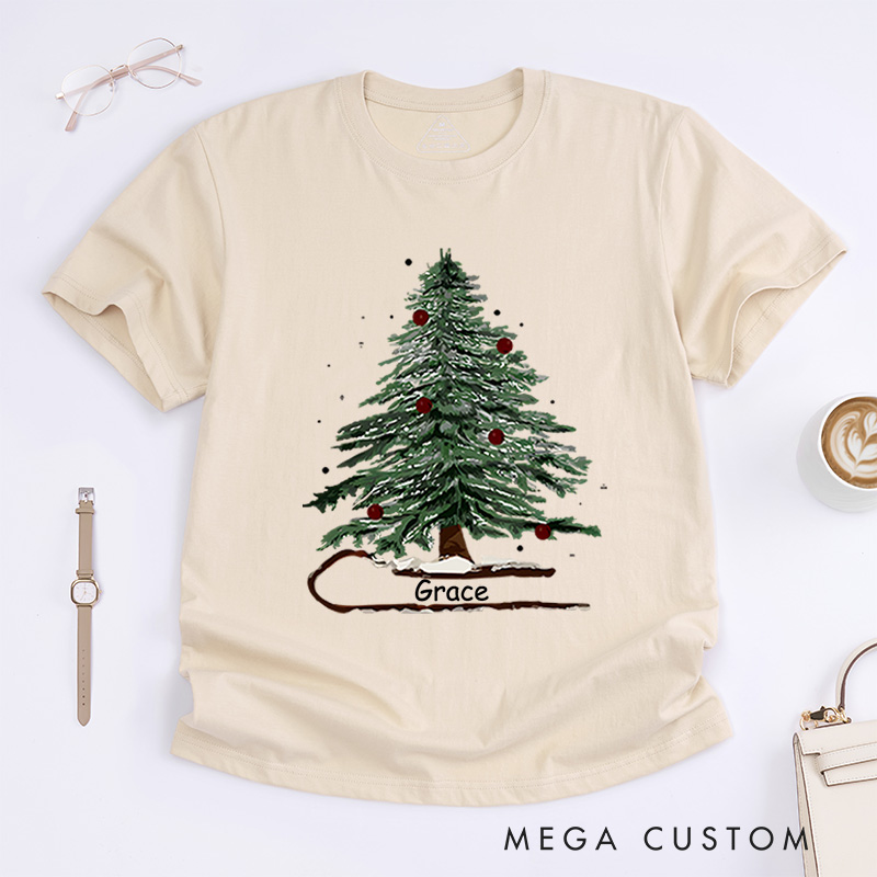 Personalized Festive Christmas Tree with Red Ornaments Christmas T-Shirt