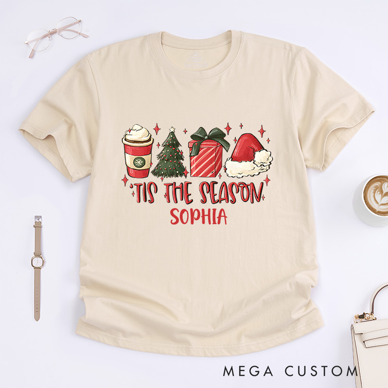 Personalized Tis the Season with Coffee and Holiday Gifts Christmas T-Shirt