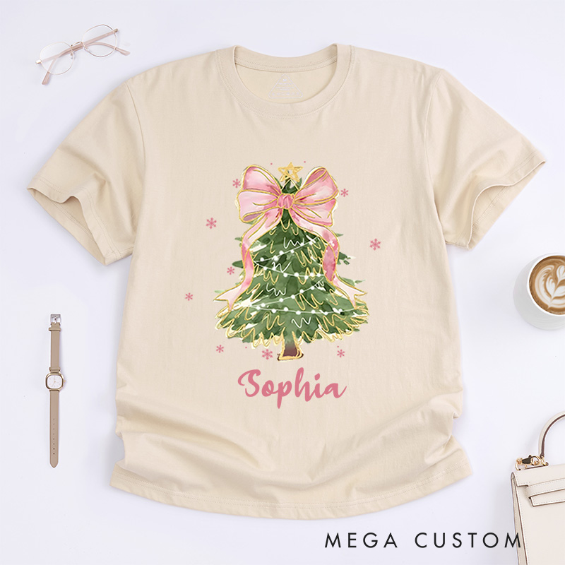 Personalized Christmas Tree with Pink Bow and Lights Christmas T-Shirt
