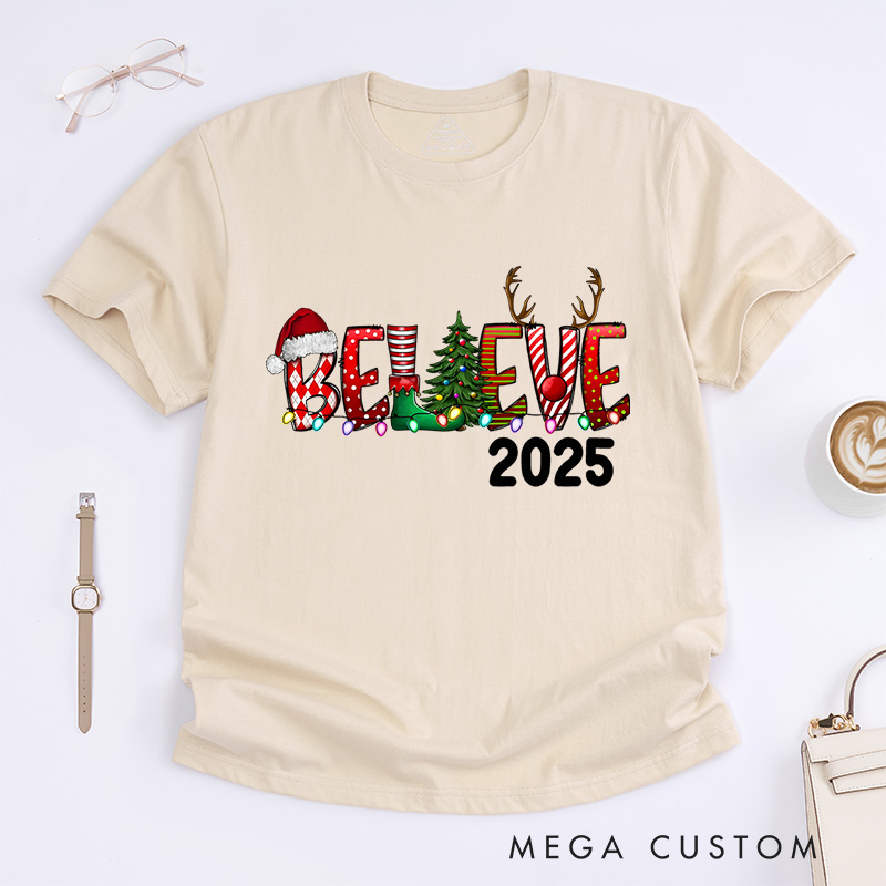Personalized Believe with Holiday Icons and Reindeer Antlers Christmas T-Shirt