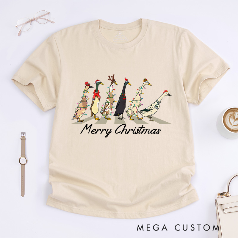 Personalized Geese Walking with Christmas Lights and Hats Christmas T-Shirt