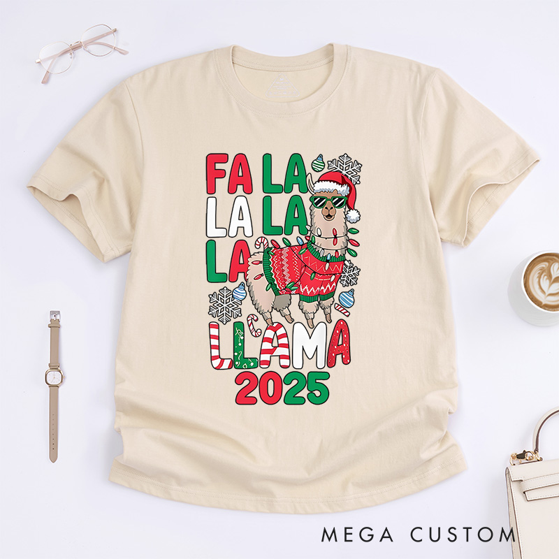 Personalized Fa La La Llama with Santa Hat and Scarf Christmas T-Shirt