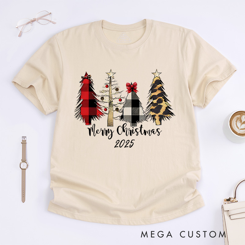 Personalized Plaid and Animal Print Christmas Trees with Bow Christmas T-Shirt