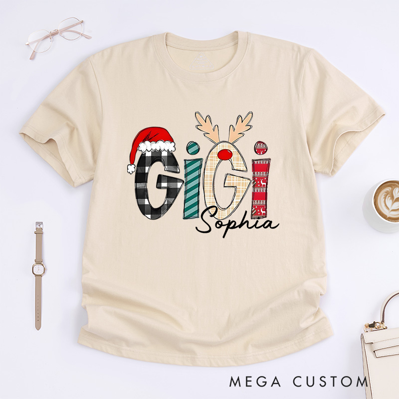 Personalized Gigi with Festive Patterns and Santa Hat Christmas T-Shirt