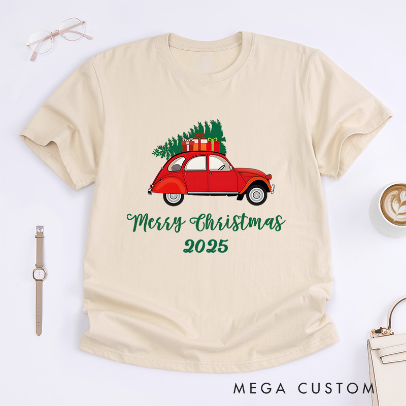 Personalized Red Car Carrying Christmas Tree with Merry Christmas Text Christmas T-Shirt