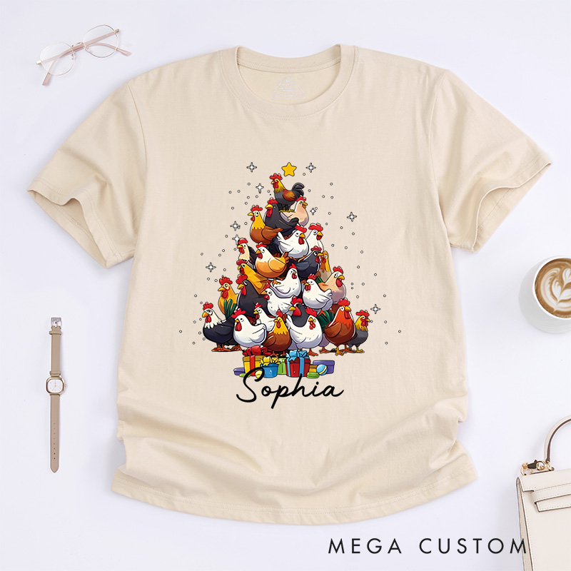 Personalized Chicken Stack Christmas Tree with Holiday Gifts Christmas T-Shirt