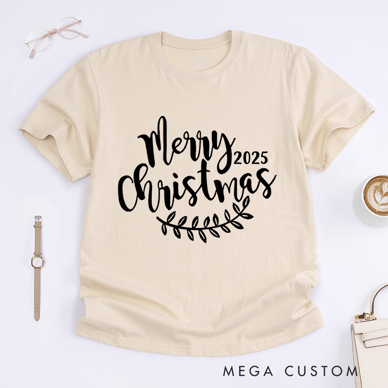 Personalized Merry Christmas Leaf Accent Christmas T-Shirt
