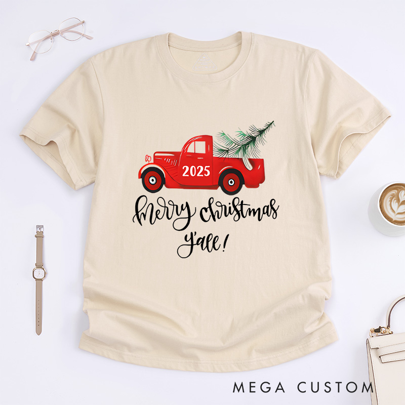 Personalized Red Truck Carrying Christmas Tree Christmas T-Shirt