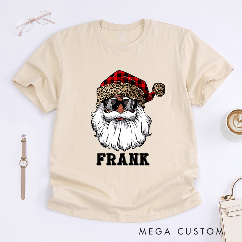 Personalized Santa with Plaid and Leopard Print Hat Christmas T-Shirt