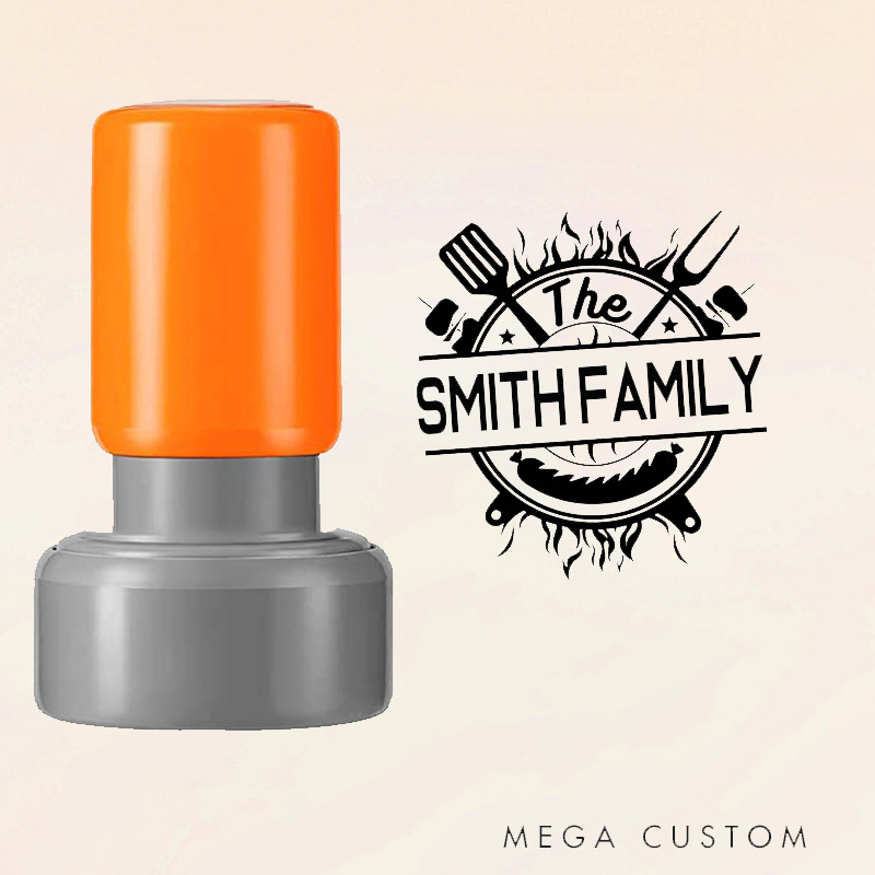 Personalized Round Barbecue Stamp Custom Family Name Grill Design Decorative Stamp with BBQ Tools and Flame Theme for Housewarming Gifts and Keepsakes