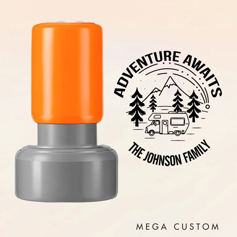 Personalized Stamp Adventure Awaits Design Custom Family Name Camper and Mountain Theme Decorative Stamp for New Homeowners and Gifts