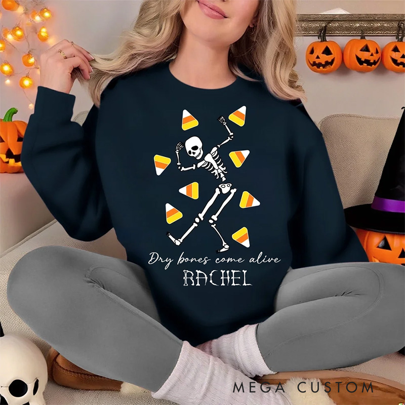 Personalized Halloween Skeleton Pumpkin Candy Classic Sweatshirt with Name Halloween Gift for Women and Men