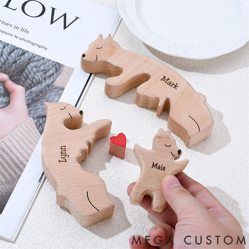 Personalized Carved Wooden Bear Family Jigsaw Puzzle, Wood Bear Figurines, Hugging Bear Family Keepsake Gift for Parents, Christmas Bear Decor