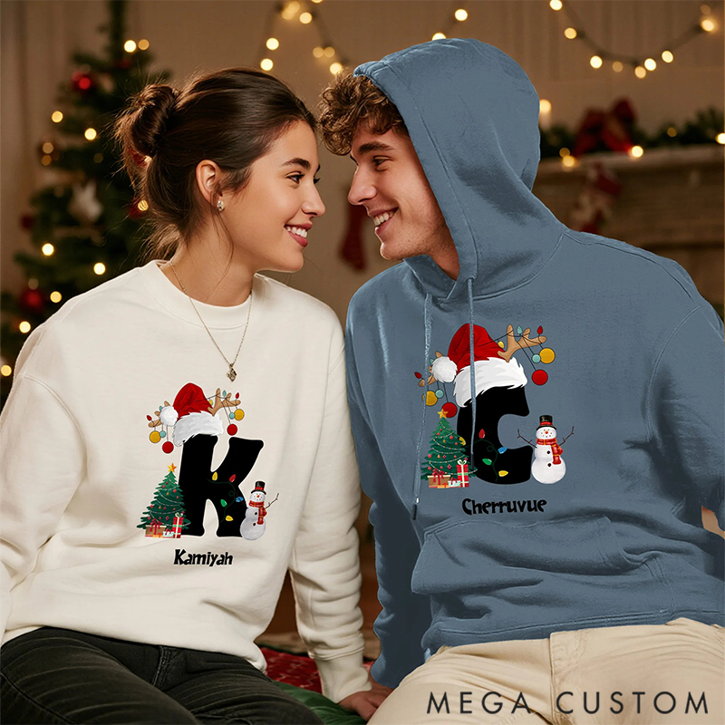 Personalized Christmas Trees Snowmen Multicolor Sweatshirt Hoodie with Initial and Name Christmas Gift for Family 