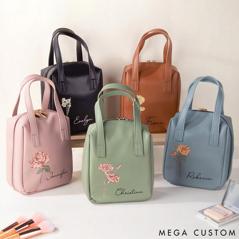 Personalized Birth Flower Name Portable PU Leather Makeup Bag with Handle and Multiple Compartments Travel Accessories Birthday Gift for Women Girls