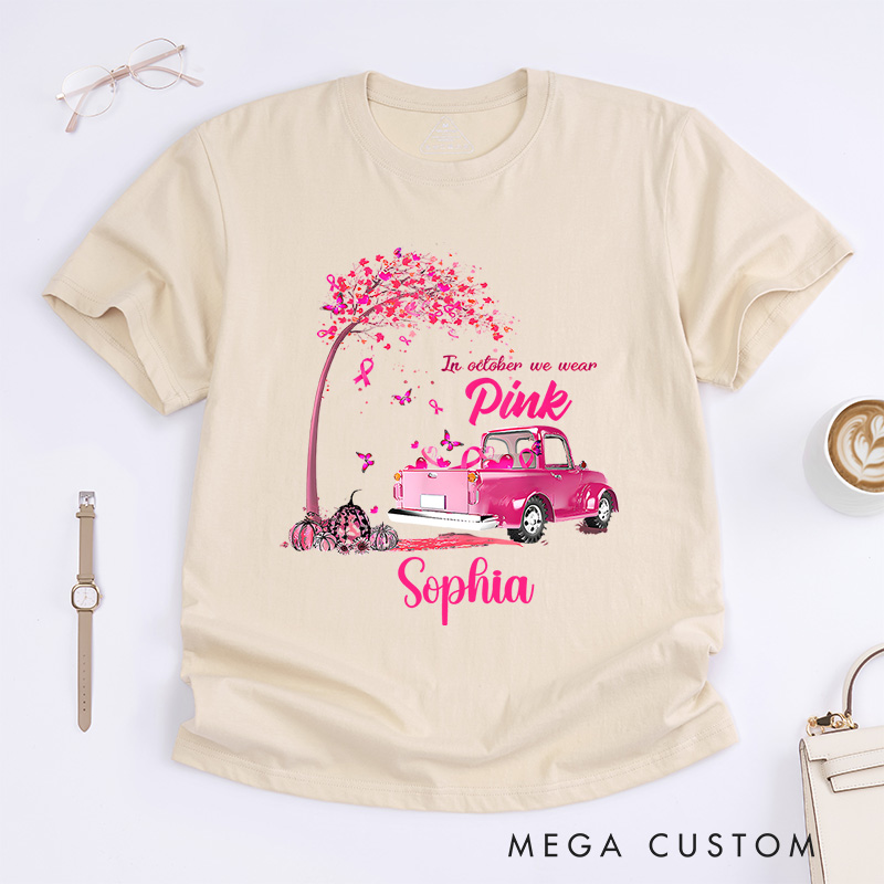 Personalized In October We Wear Pink Vintage Car Breast Cancer T-shirt