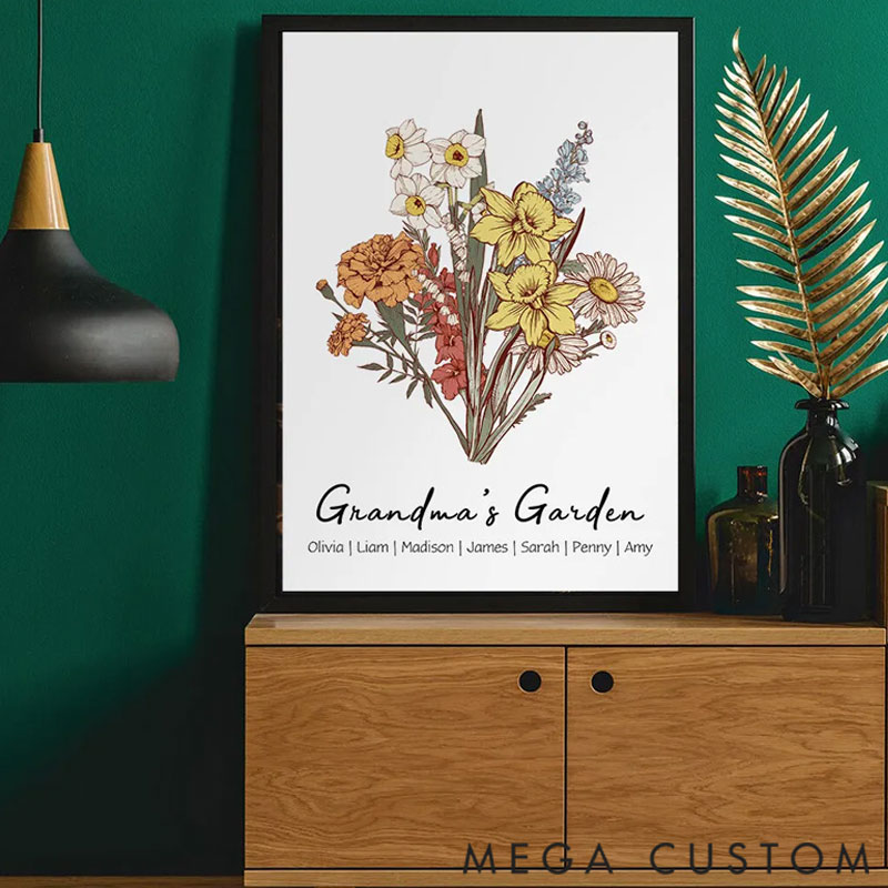 Personalized Family Flower Garden Print, Christmas Gift, Custom Birth Flower Bouquet Wall Art, Our Family Personalized Antique Flower Digital Print