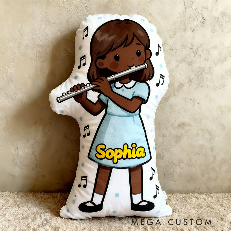 Personalized Flute Pillows with Customizable Skin Tone Hair Color and Name Soft Stuffed Toy for Kids Flute Lovers for Girls' Room and Music Room