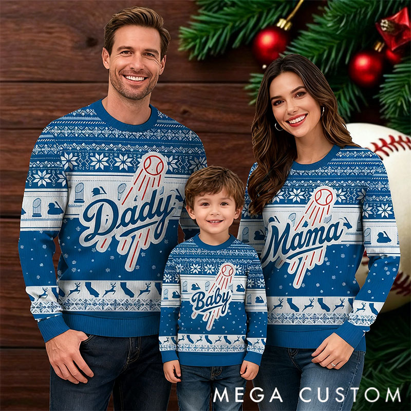 Personalized Baseball Family Ugly Christmas Sweater Champion 2025  Custom Name Sweater  Baseball Mama & Daddy Sweater