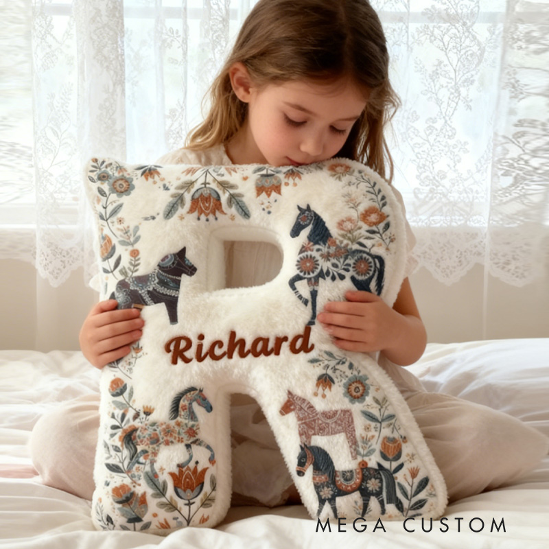Personalized Riding Colorful Floral Letter Pillow Floral Horse Custom Name Festive Flower Decor with French Countryside Gifts for Family Graphic 3D Print for Riding Lovers Equestrian Lovers