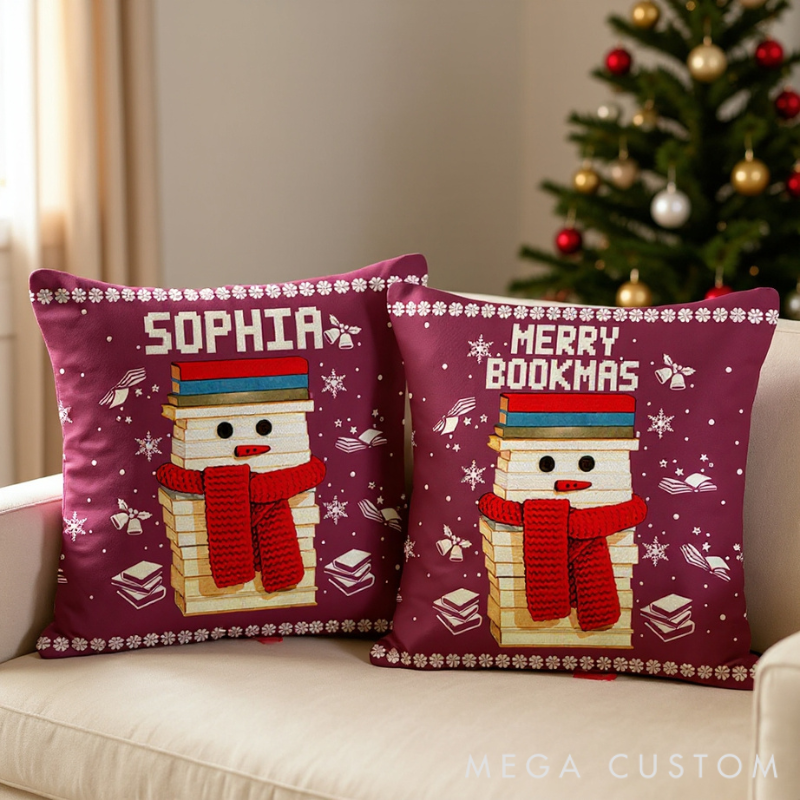 Personalized Christmas Bookworm Pillow with Name Warm Holiday Gift for Book Lovers