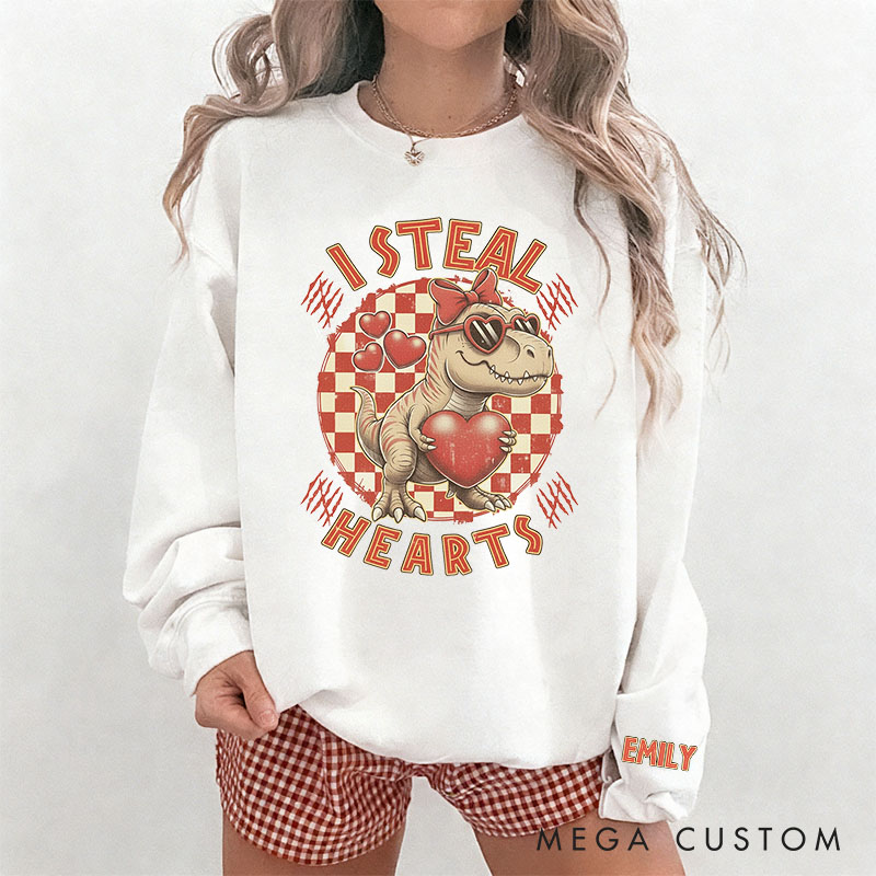 Personalized Girlfriend Wife Dinosaur I Steal Hearts Sweatshirt with Name Couple Matching Valentine's Day Sweatshirt for Her Him Anniversary Gift