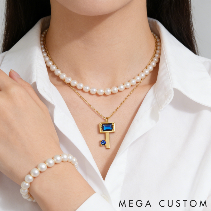 Personalized Sterling Silver Key Necklace – Custom Engraved Name with Birthstone Pendant