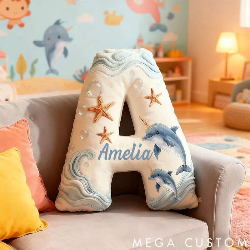 Personalized Graphic 3D Print Pillows Ocean Whale Letter Pillow, Custom Initial Pillow with name