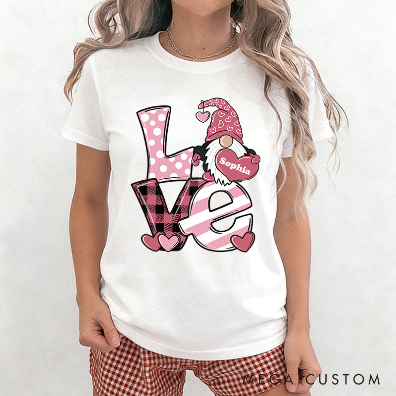 Personalized Couple Pink Love Gnome Holding Heart Matching T-Shirt Valentine's Day T-Shirt for Husband Wife Boyfriend Girlfriend Gift for Hubby Wifey